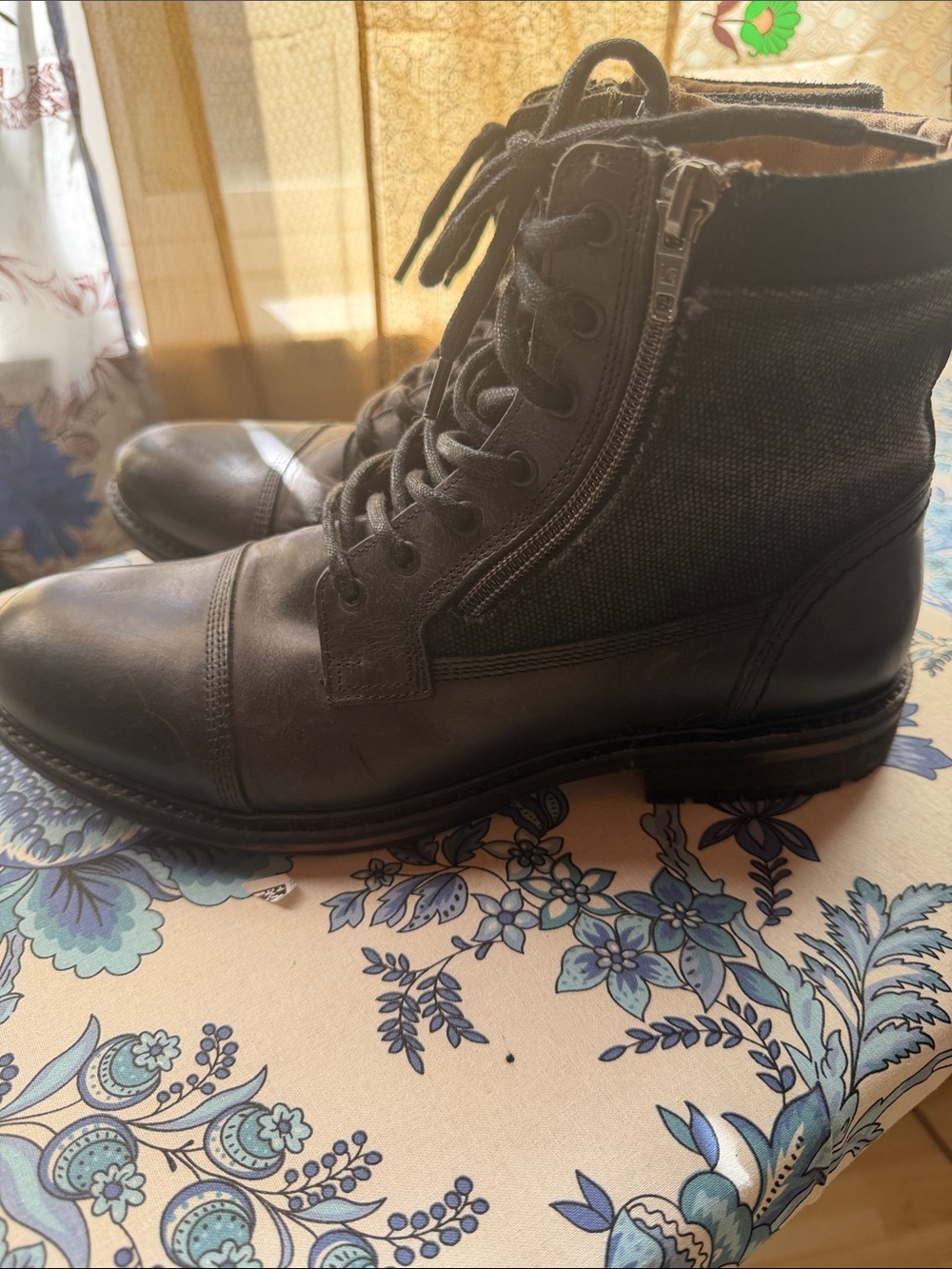 Aldo Men's Black Leather and Canvas Lace-Up Boots with Double Zips 8.5